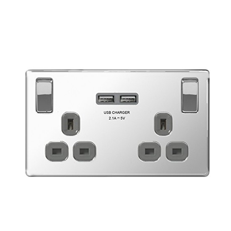 Masterplug Polished Chrome Screwless Plate Switched Double Socket + 2 x